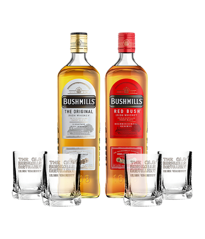 Pack Whisky Bushmills: 1 Bushmills Original 70cl + 1 Red Bush 70cl + Oferta 4 Copos